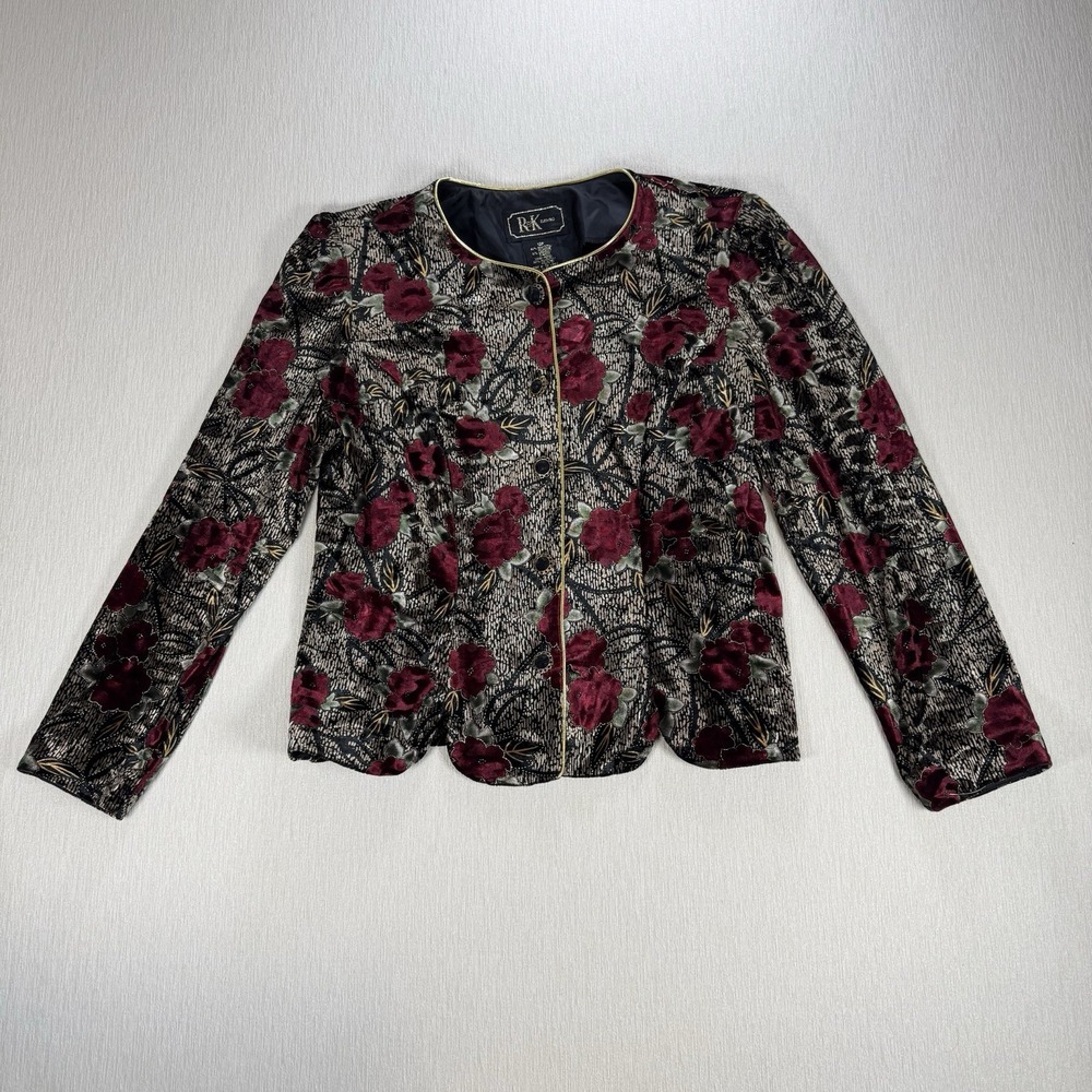 R &‎ K Evening Velvet Floral Blouse Top Size 12 P Button Up Burgundy Black Gold